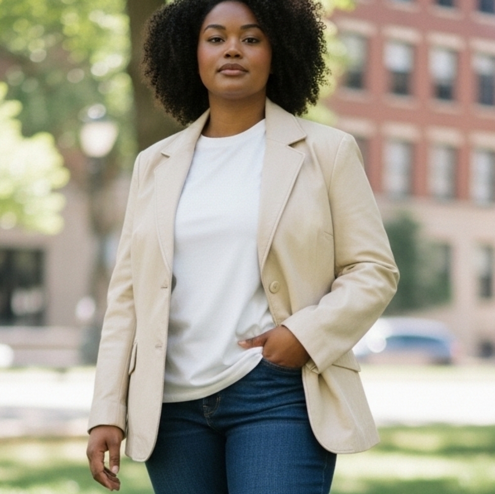 Pamela McCoy Leather Jacket Women's Large Off White Satin Lined 2-Button Blazer
